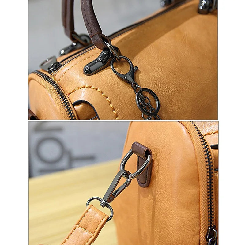 Edenista women's tan leather retro shoulder bag with floral pendant crossbody tassel decor and metal hardware