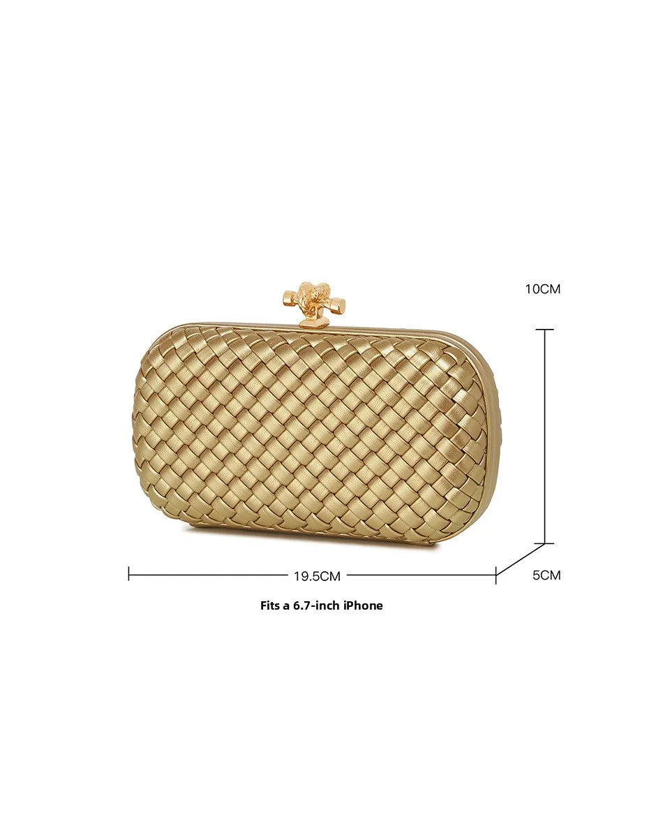 Edenista gold PU woven crossbody evening bag with top clasp and chain strap, box-style clutch