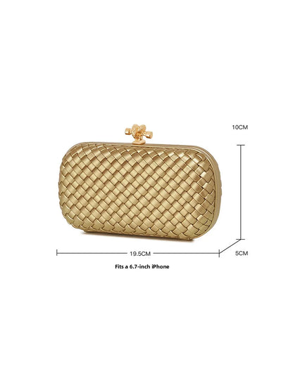 Edenista gold PU woven crossbody evening bag with top clasp and chain strap, box-style clutch
