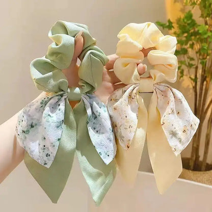 Floral Bow Large Scrunchie Hair Tie – Elastic Rubber Band for Women