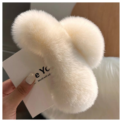 Faux Fur Plush Large Hair Claw Clip – Solid Color Barrette for Thick Hair