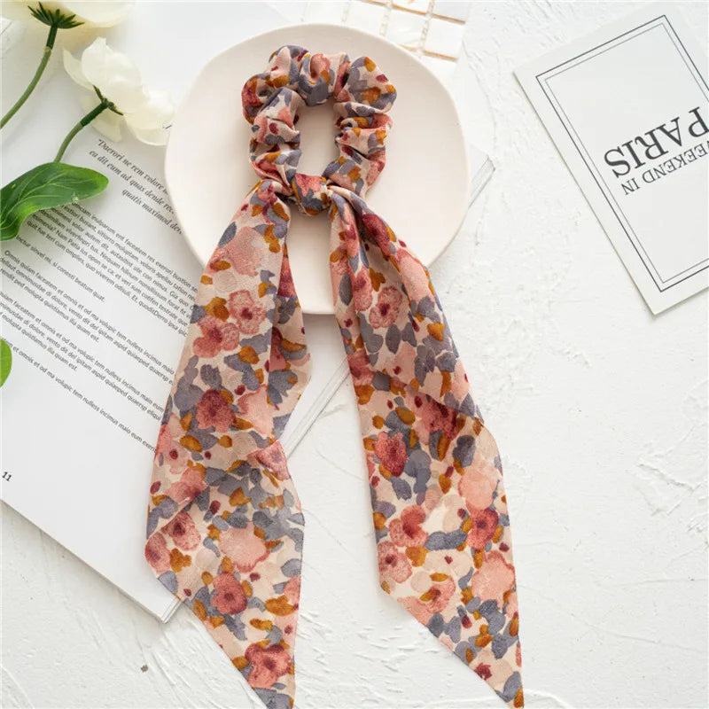 Flower Bow Satin Hair Ribbon Scrunchies – Vintage Ponytail Hairbands for Women