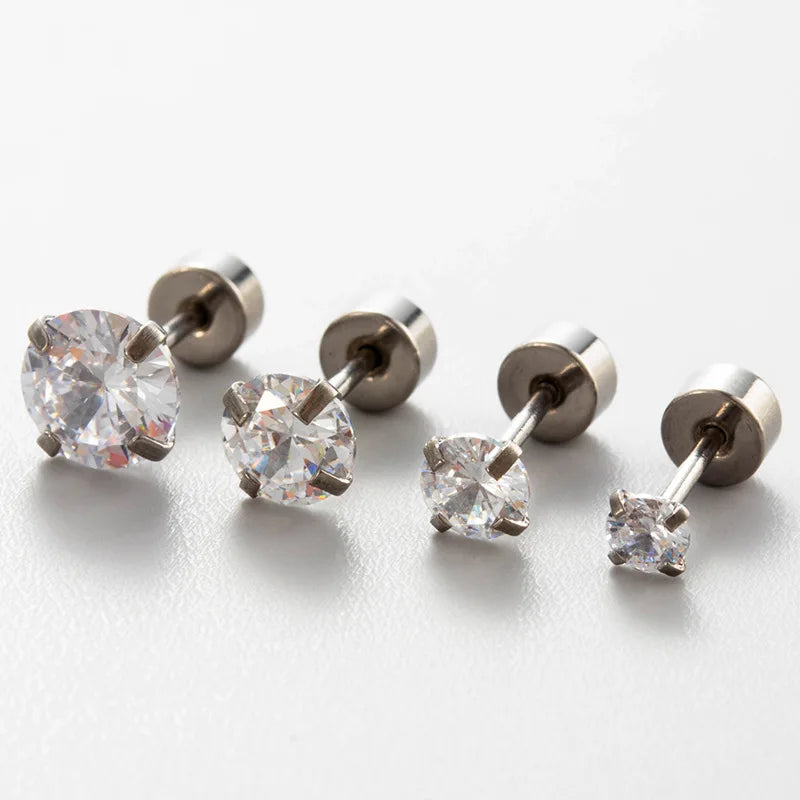 20G screw-back earrings set of four in surgical stainless steel with clear CZ crystals by Edenista