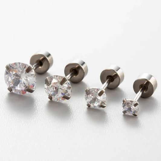 20G screw-back earrings set of four in surgical stainless steel with clear CZ crystals by Edenista