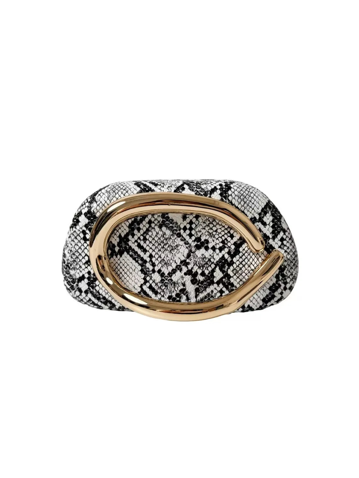 Edenista snake print clutch bag with gold-tone curved metal clasp.