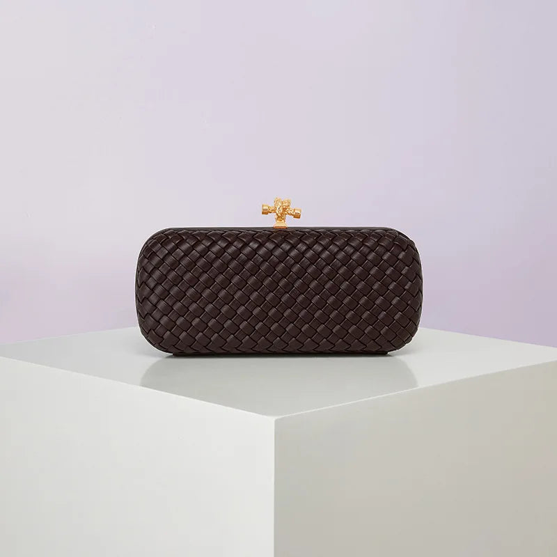 Crossbody bag, brown woven PU with gold-tone clasp, box-style evening clutch