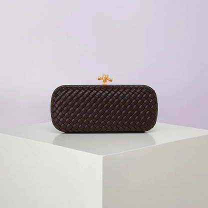 Crossbody bag, brown woven PU with gold-tone clasp, box-style evening clutch