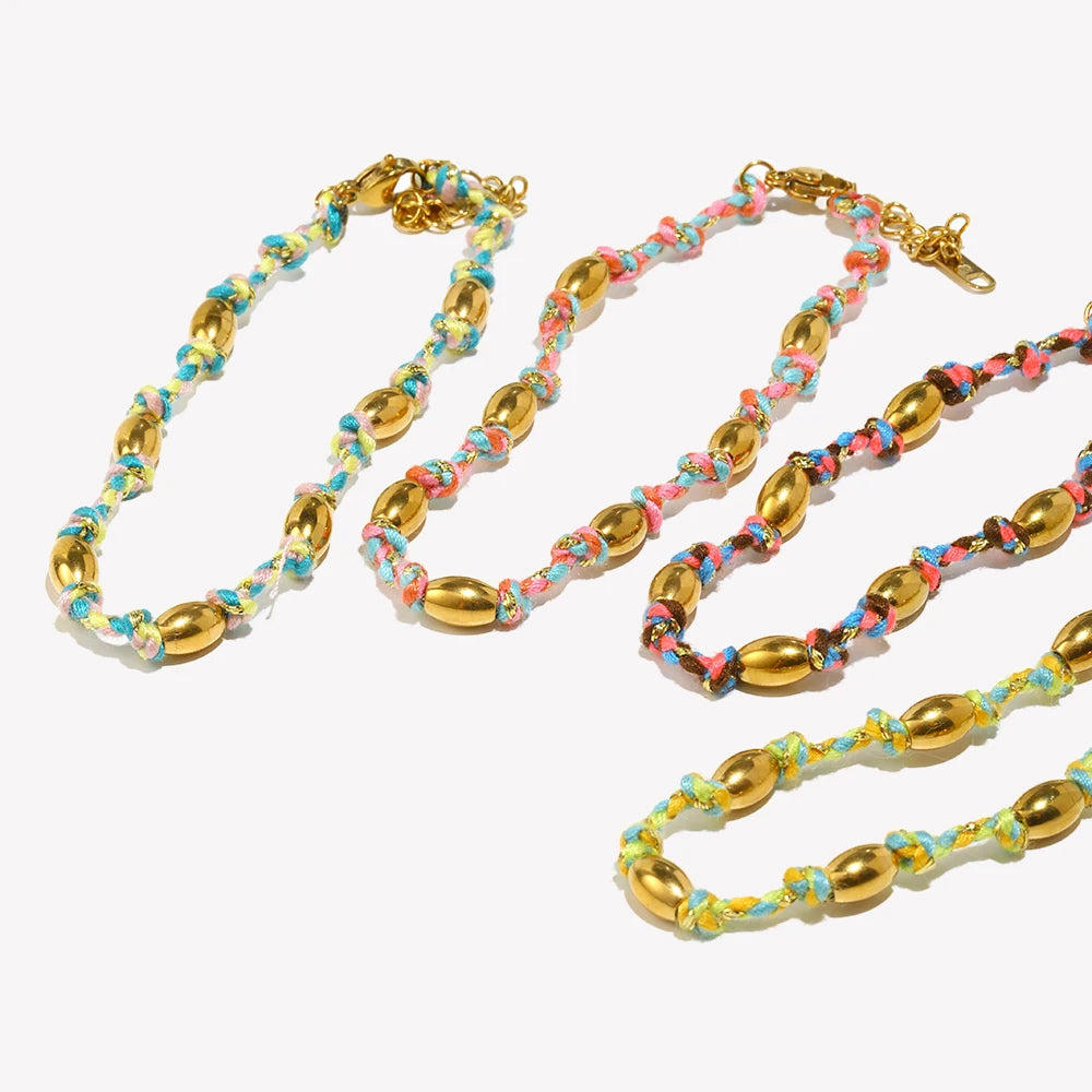 Mixed Colour Rope & Beads Bracelet – 18K Gold Plated