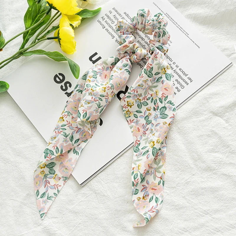 Flower Bow Satin Hair Ribbon Scrunchies – Vintage Ponytail Hairbands for Women