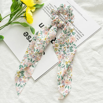 Flower Bow Satin Hair Ribbon Scrunchies – Vintage Ponytail Hairbands for Women