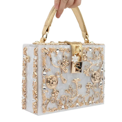 Edenista designer acrylic evening bag with gold-tone rhinestone floral embellishments, wedding clutch