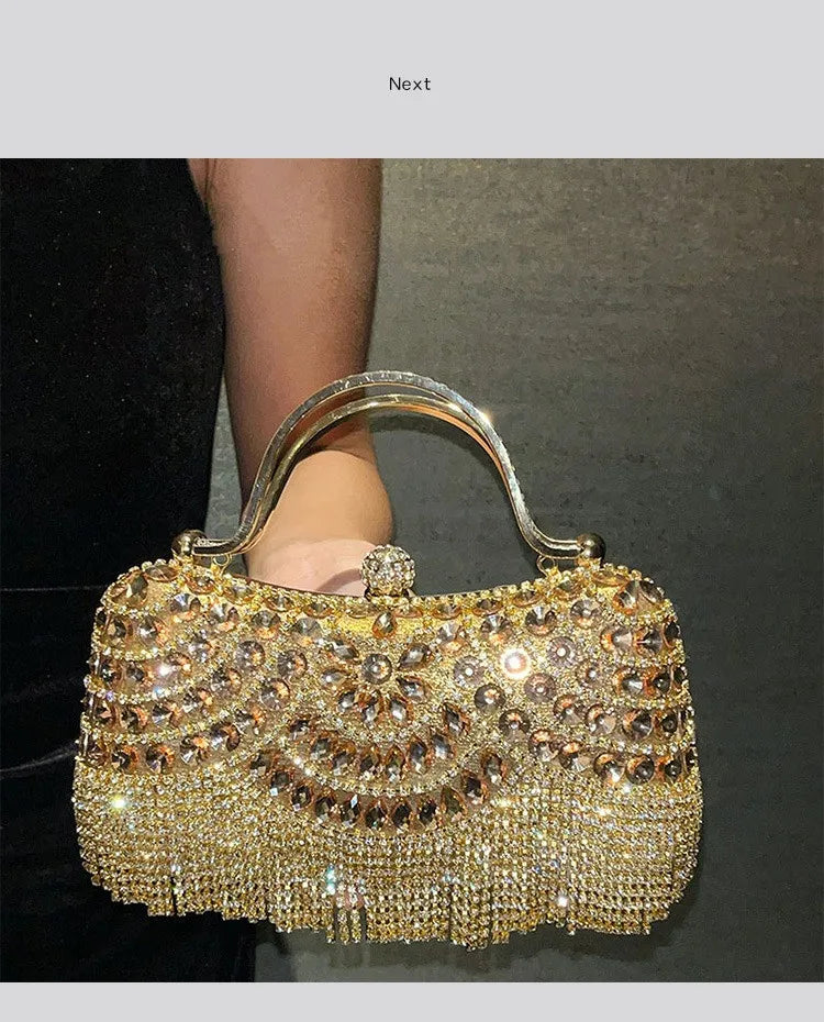 Diamond evening clutch bag, gold-toned rhinestone handbag with tassel fringe