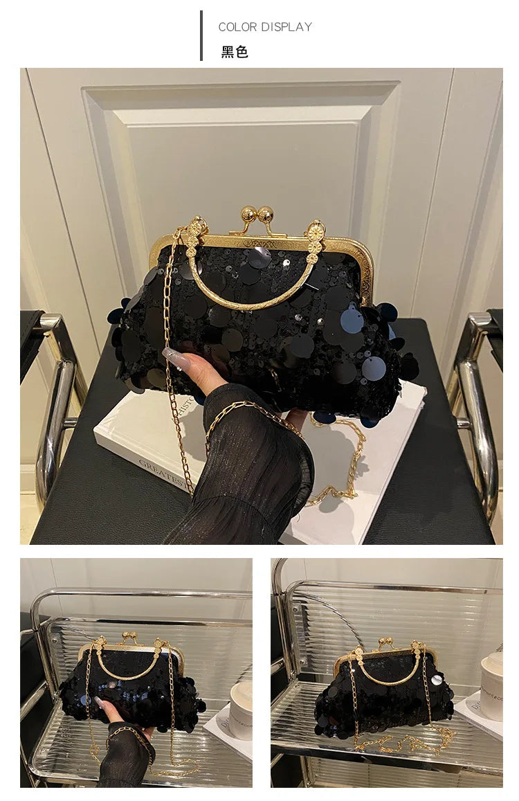 Edenista black sequined evening shoulder bag with gold-tone frame, kiss-lock clasp, and chain strap.