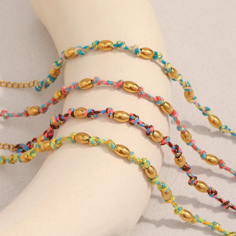 Mixed Colour Rope & Beads Bracelet – 18K Gold Plated