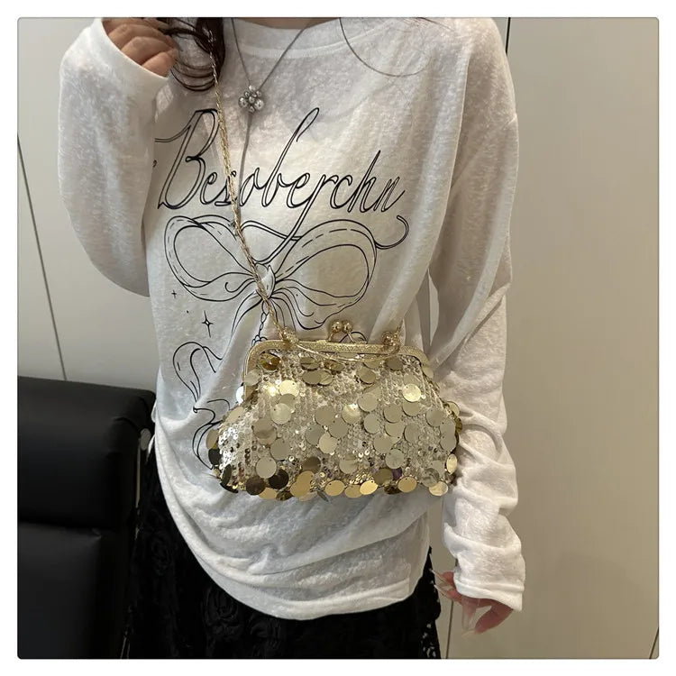 Elegant gold-tone sequined evening shoulder bag with chain strap