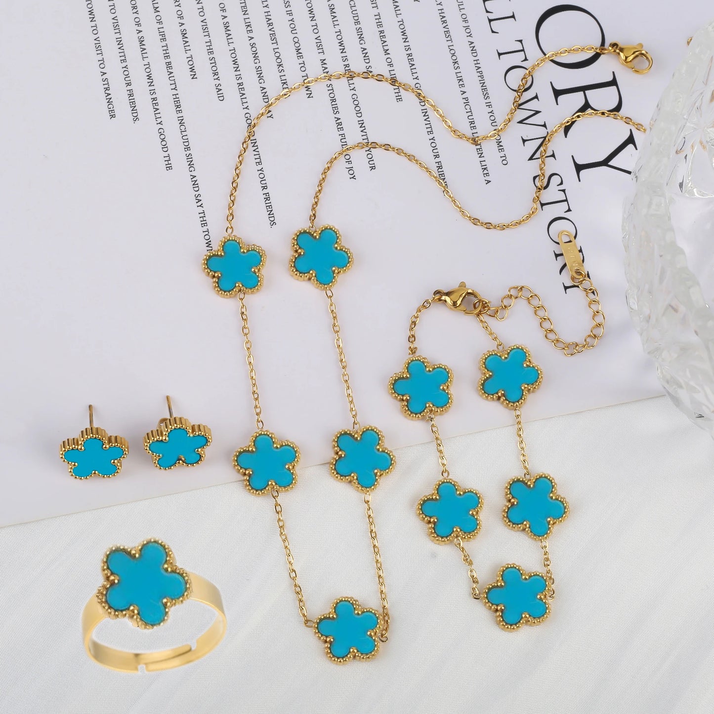 Stainless Steel Five Leaf Flower Jewelry Set