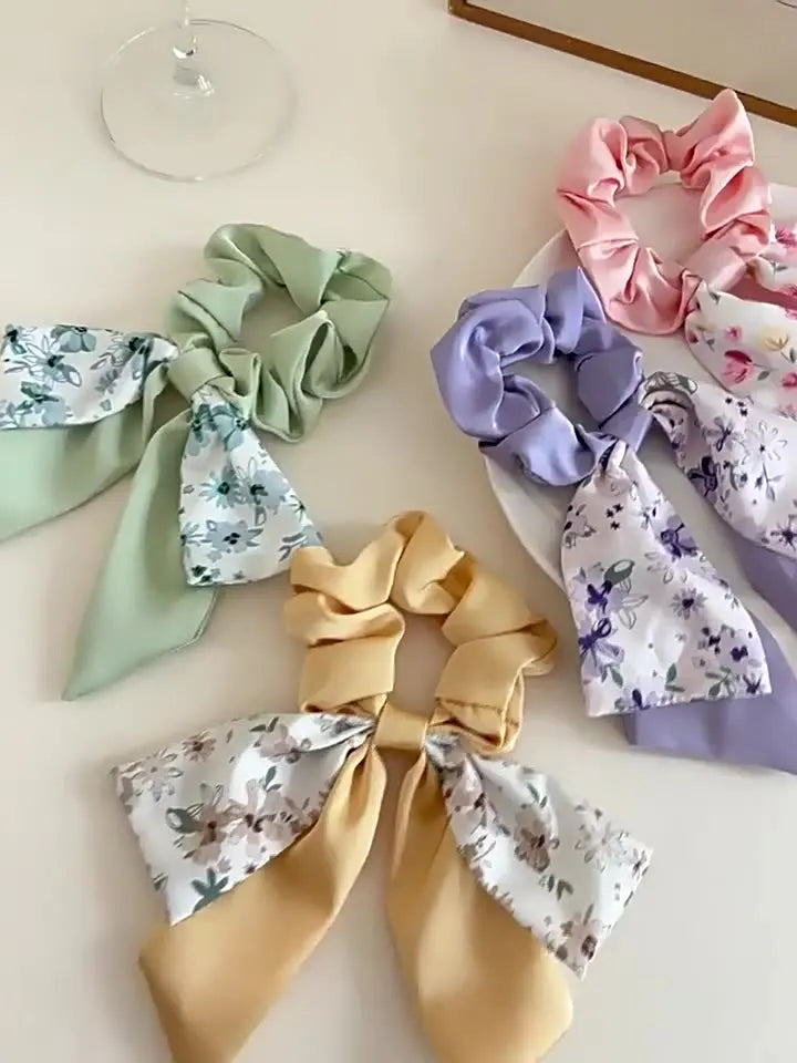 Floral Bow Large Scrunchie Hair Tie – Elastic Rubber Band for Women
