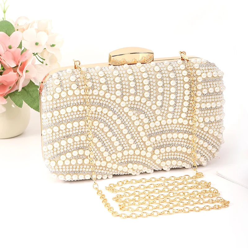 Edenista ladies pearl beaded evening clutch with long gold chain
