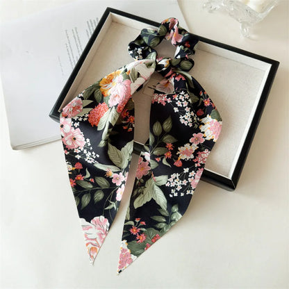 Flower Bow Satin Hair Ribbon Scrunchies – Vintage Ponytail Hairbands for Women