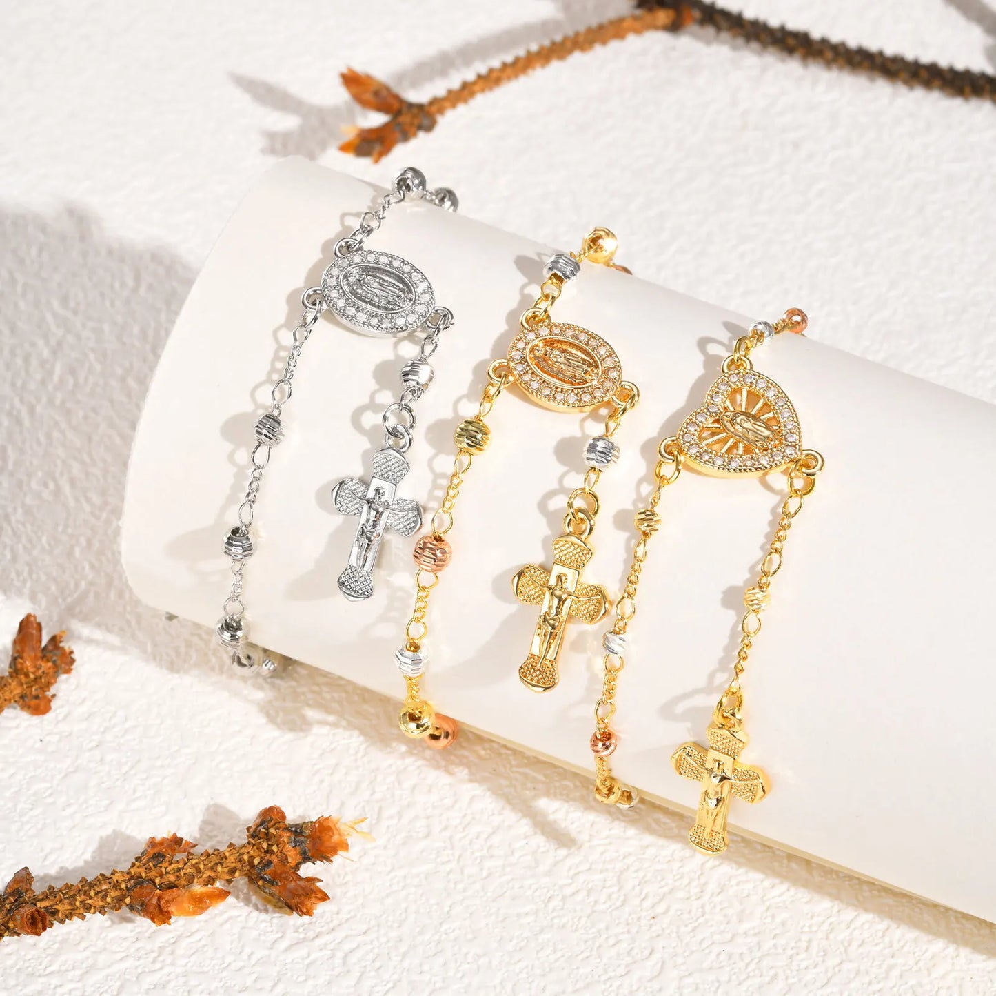Virgin Mary Rosary Bead Cross Bracelet for Women Tri-color Adjustable Chain by edenista