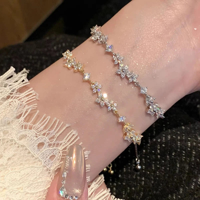 Shiny Crystal Zircon Flower Beaded Pull-Out Bracelet for Women Luxury Rhinestone by edenista