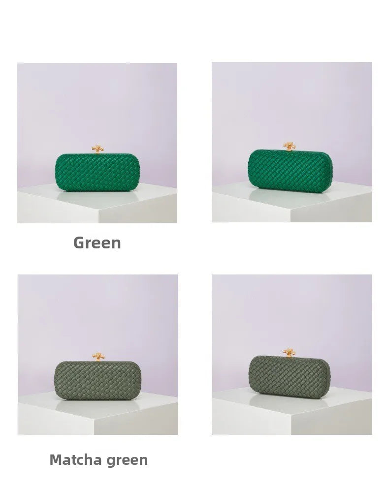 Crossbody B Home PU woven evening bag by Edenista; green woven boxy clutch with gold clasp and chain shoulder.