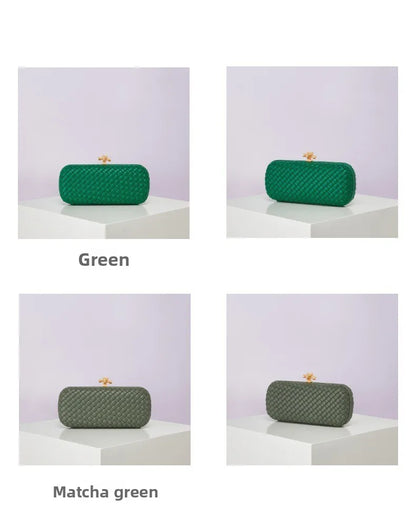Crossbody B Home PU woven evening bag by Edenista; green woven boxy clutch with gold clasp and chain shoulder.