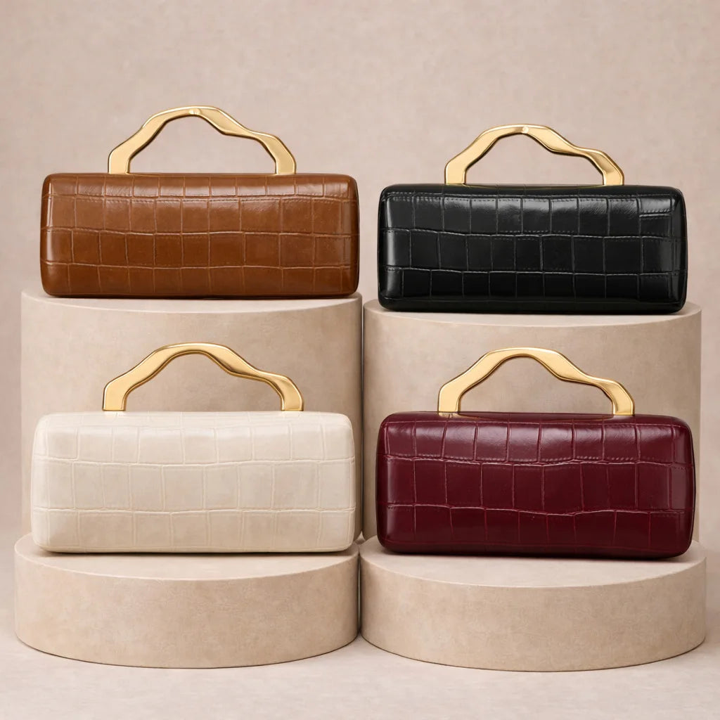 Luxury crocodile-pattern PU evening clutch Edenista set of four in burgundy, brown, black & ivory with gilded handles
