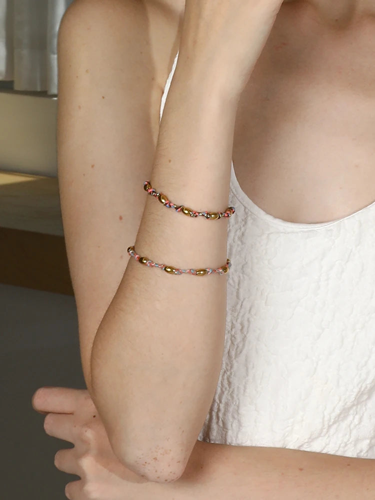 Mixed Colour Rope & Beads Bracelet – 18K Gold Plated