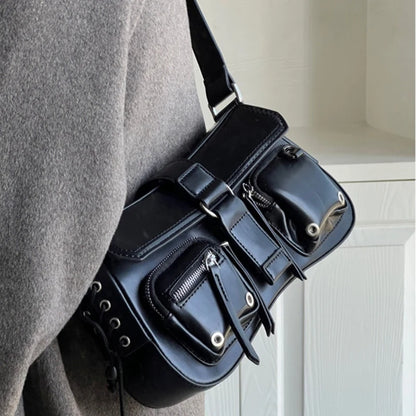 Multi-Pocket Rivet Shoulder Bag for Women – PU Leather