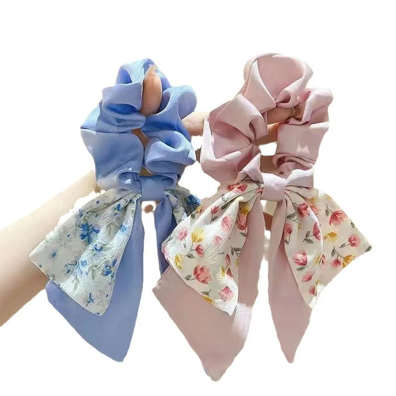 Floral Bow Large Scrunchie Hair Tie – Elastic Rubber Band for Women