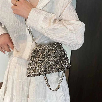 Edenista silver sequin evening bag with chain strap; compact glitter underarm purse