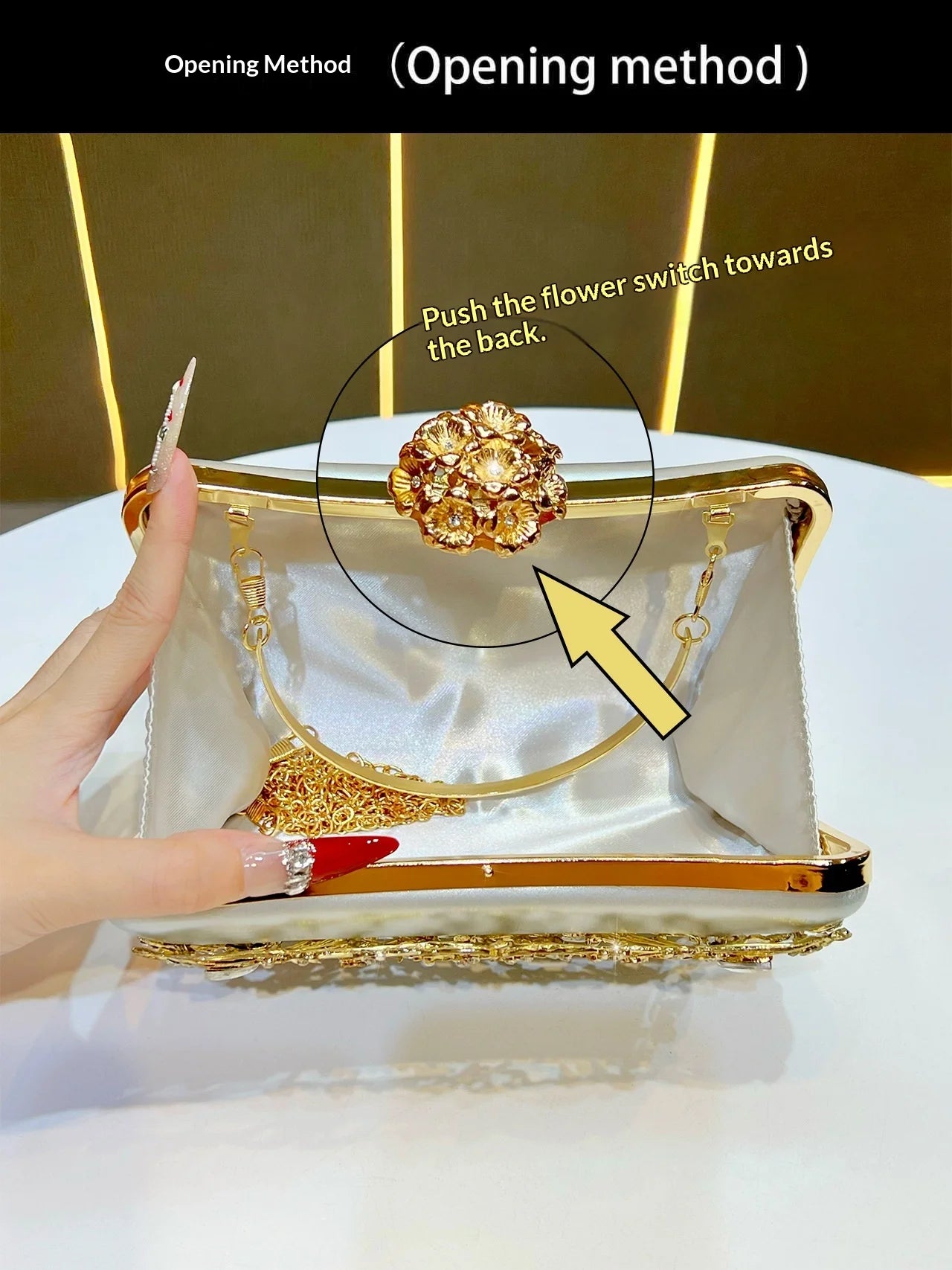 New Light Luxury Diamond Banquet Shoulder Bag with a gold floral clasp and satin interior