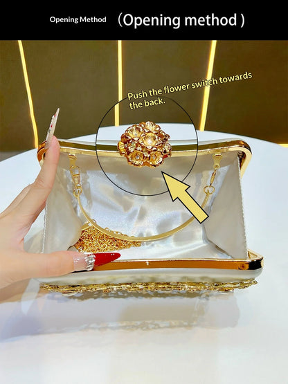 New Light Luxury Diamond Banquet Shoulder Bag with a gold floral clasp and satin interior