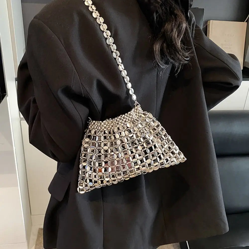 Edenista silver sequin evening bag with crystal lattice chain strap, mini shoulder purse