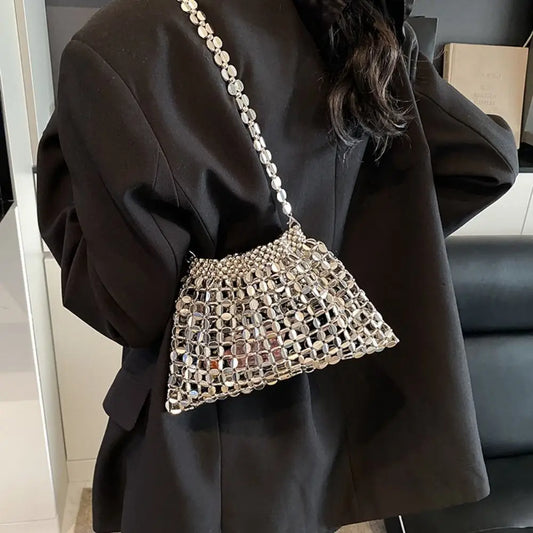 Edenista silver sequin evening bag with crystal lattice chain strap, mini shoulder purse