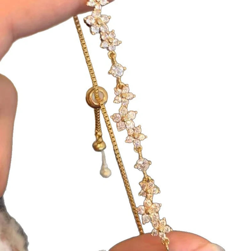 Shiny Crystal Zircon Flower Beaded Pull-Out Bracelet for Women Luxury Rhinestone by edenista