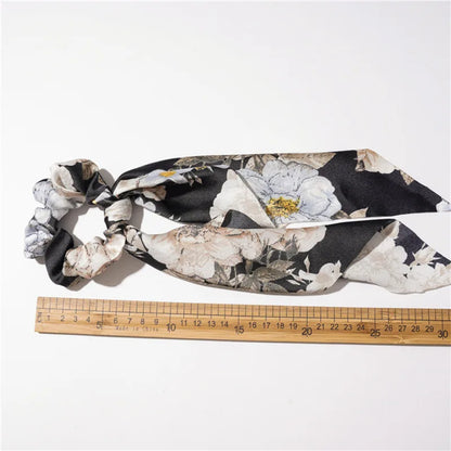 Flower Bow Satin Hair Ribbon Scrunchies – Vintage Ponytail Hairbands for Women