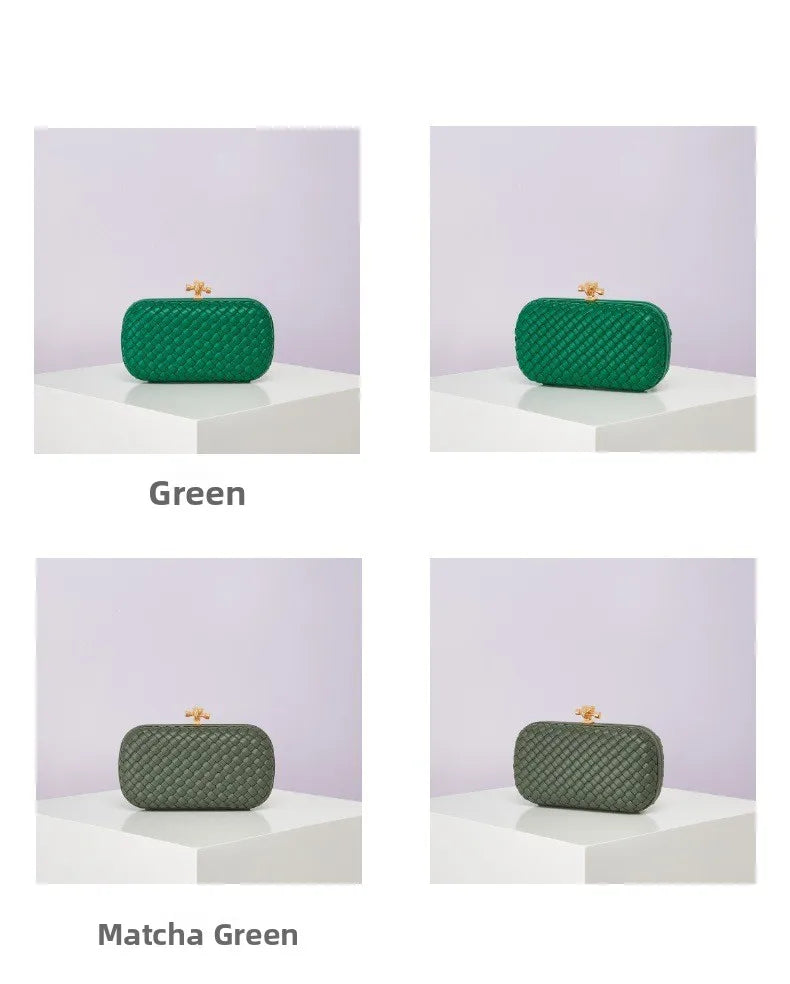 Woven PU crossbody evening bag in green and matcha green with gold clasp, set of four