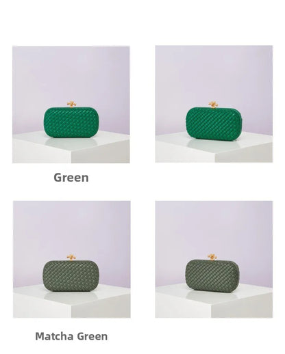 Woven PU crossbody evening bag in green and matcha green with gold clasp, set of four