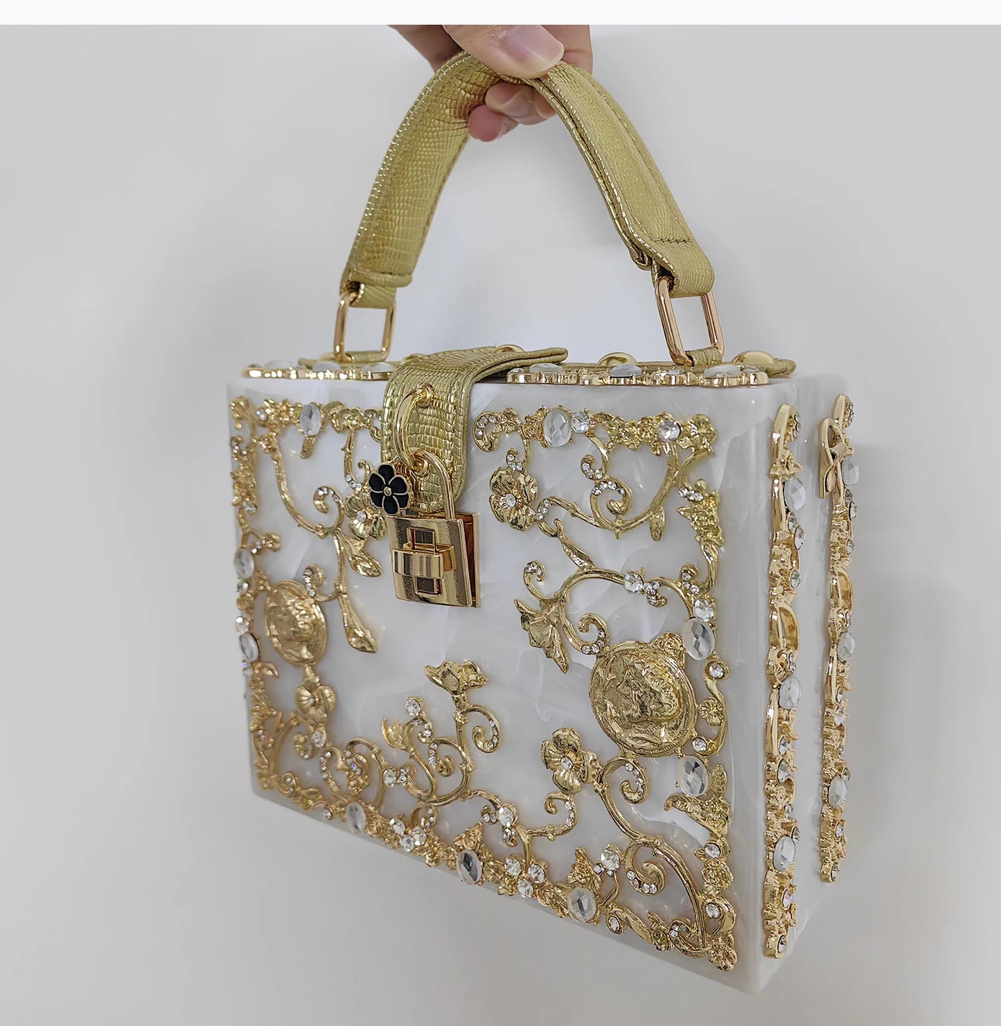 High Grade Acrylic Evening Bag by Edenista, white clutch with gold ornate filigree and crystal accents