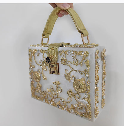 High Grade Acrylic Evening Bag by Edenista, white clutch with gold ornate filigree and crystal accents