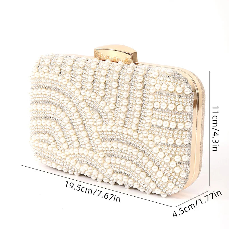 Ladies pearl beaded evening clutch bag by Edenista with long chain, ivory pearls, gold frame