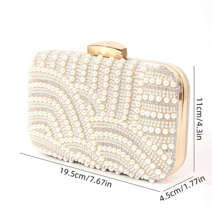 Ladies pearl beaded evening clutch bag by Edenista with long chain, ivory pearls, gold frame