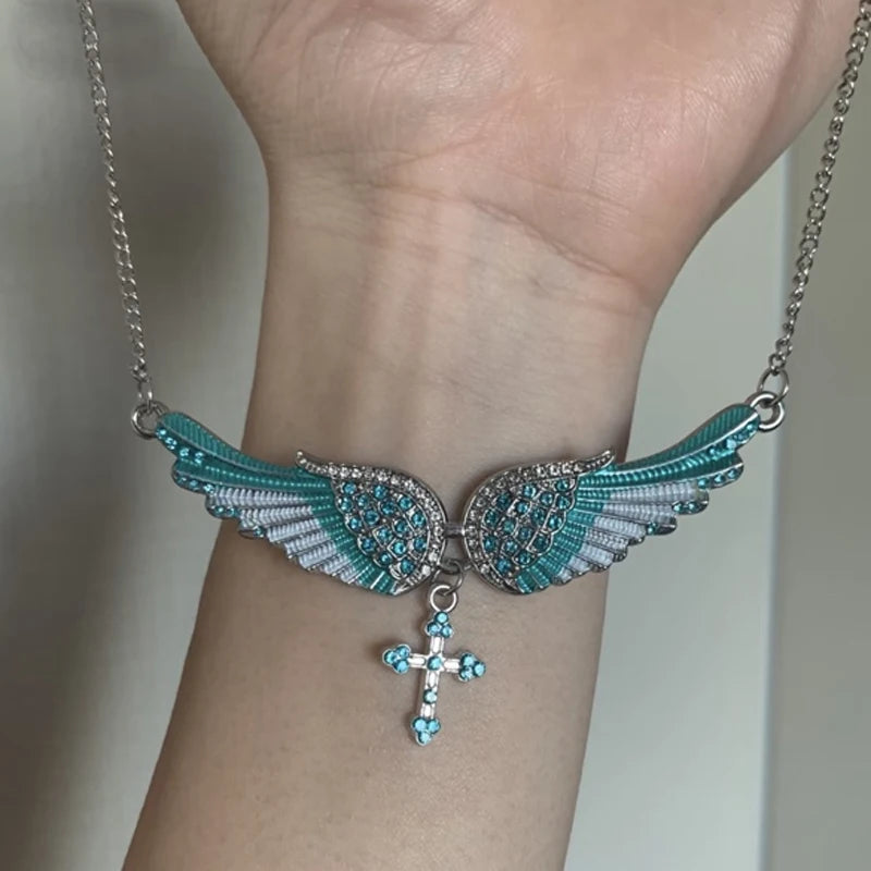Angel Wings Cross Pendant Necklace – Crystal Rhinestone