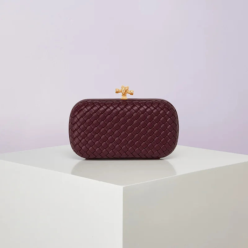 Edenista burgundy woven PU evening bag with gold-tone clasp, boxy clutch for handheld use