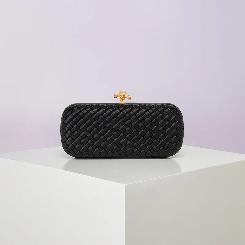 Crossbody bag by Edenista, black woven PU with gold-tone clasp, box-style evening clutch