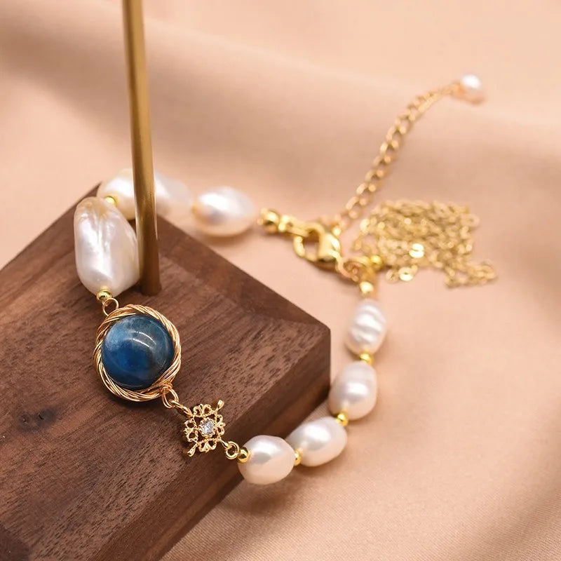 Freshwater Baroque Pearl Bracelet for Women Blue Crystal Beads Retro 18k Gold Plated by edenista