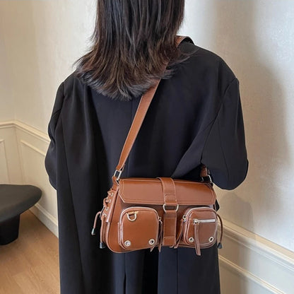Multi-Pocket Rivet Shoulder Bag for Women – PU Leather