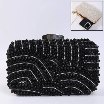 Two pearl-beaded evening clutches with long chains; black main bag and beige inset Edenista bag